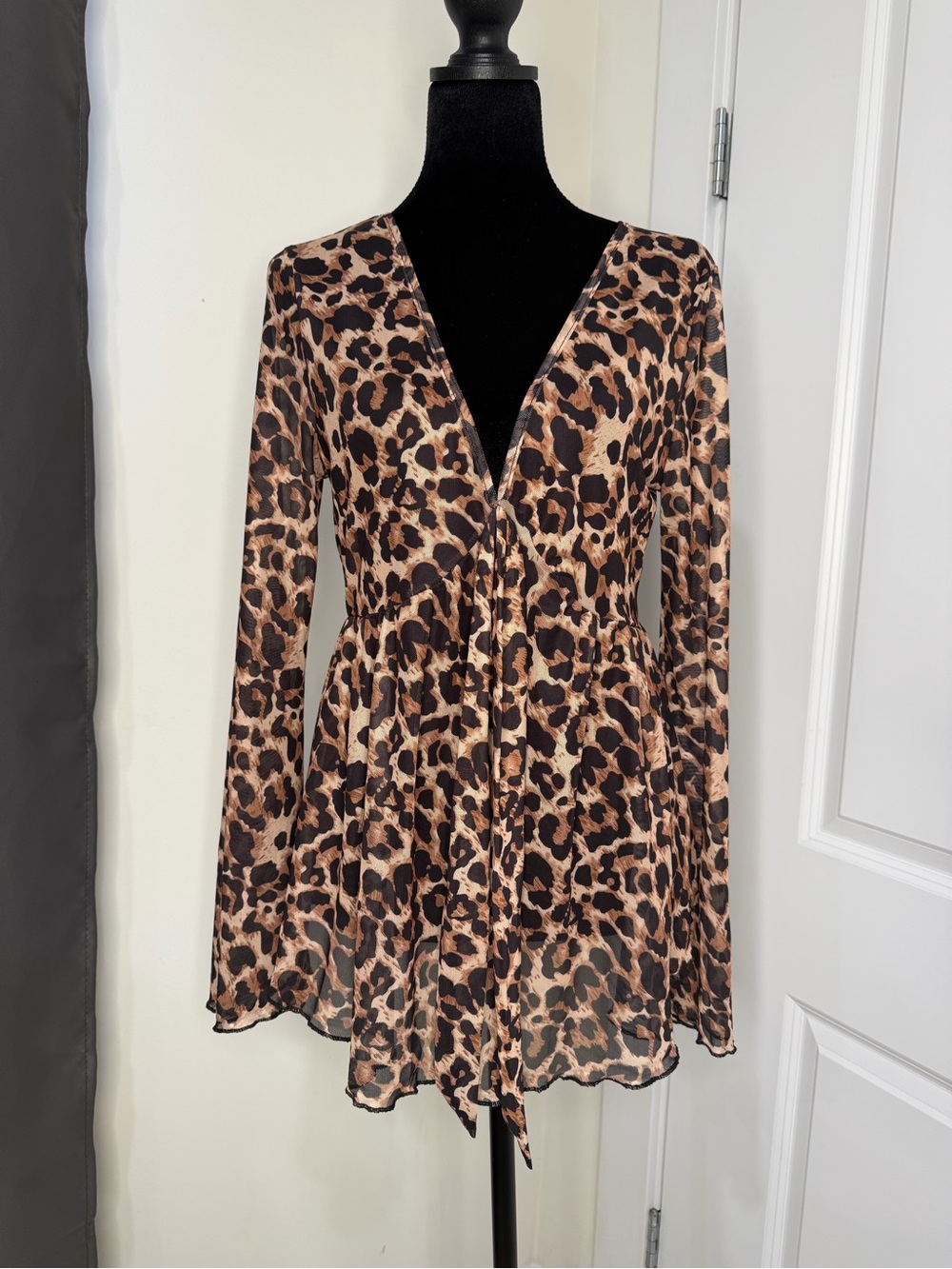 Leopard Print Long-Sleeve V-Neck Tunic Dress - Brown
